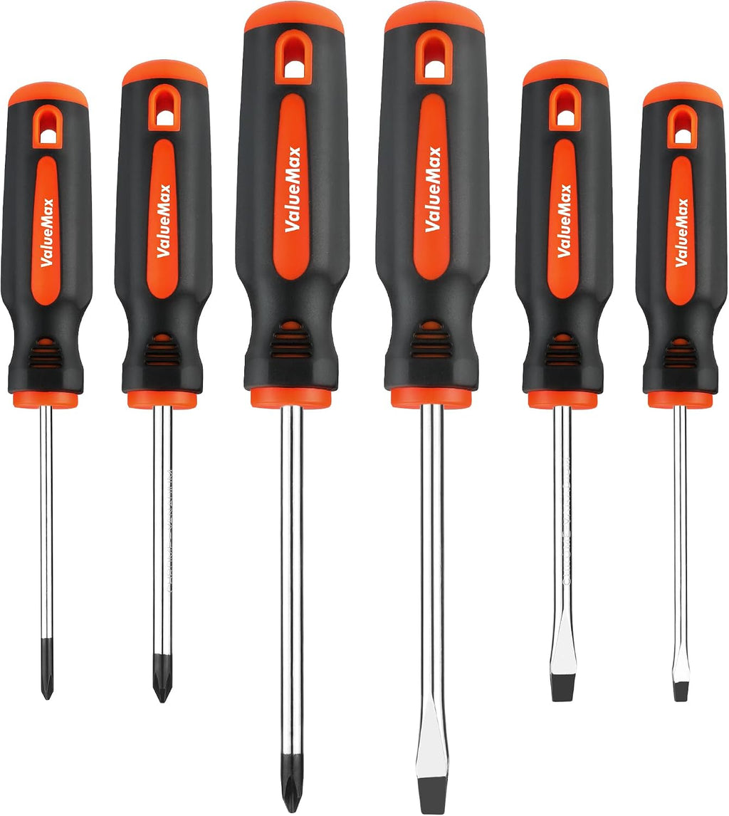 ValueMax 6-Piece Magnetic Screwdriver Set, 3 Phillips and 3 Flat Tip Screwdrivers, Non-slip Handle Screw Driver Set Kit