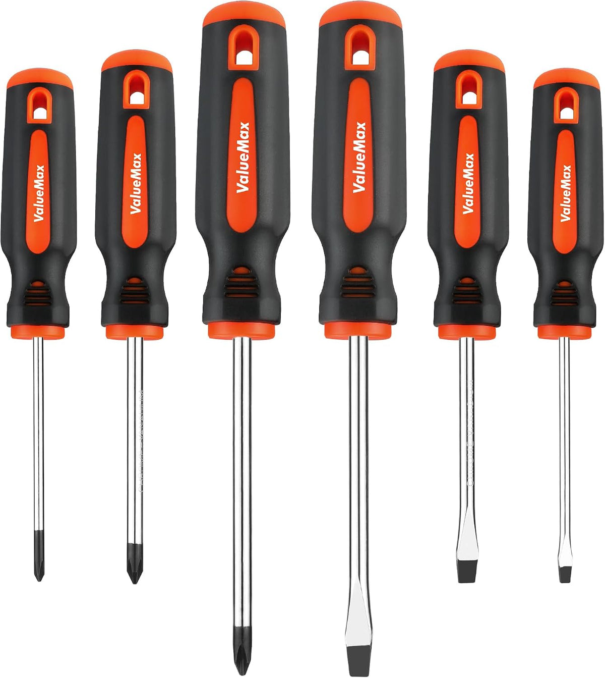 ValueMax 6-Piece Magnetic Screwdriver Set, 3 Phillips and 3 Flat Tip Screwdrivers, Non-slip Handle Screw Driver Set Kit