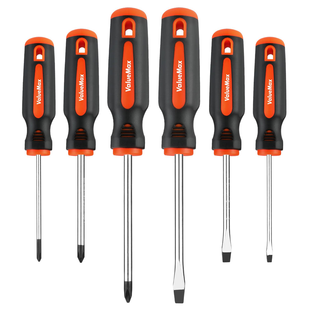 ValueMax 6-Piece Magnetic Screwdriver Set, 3 Phillips and 3 Flat Tip Screwdrivers, Non-slip Handle Screw Driver Set Kit