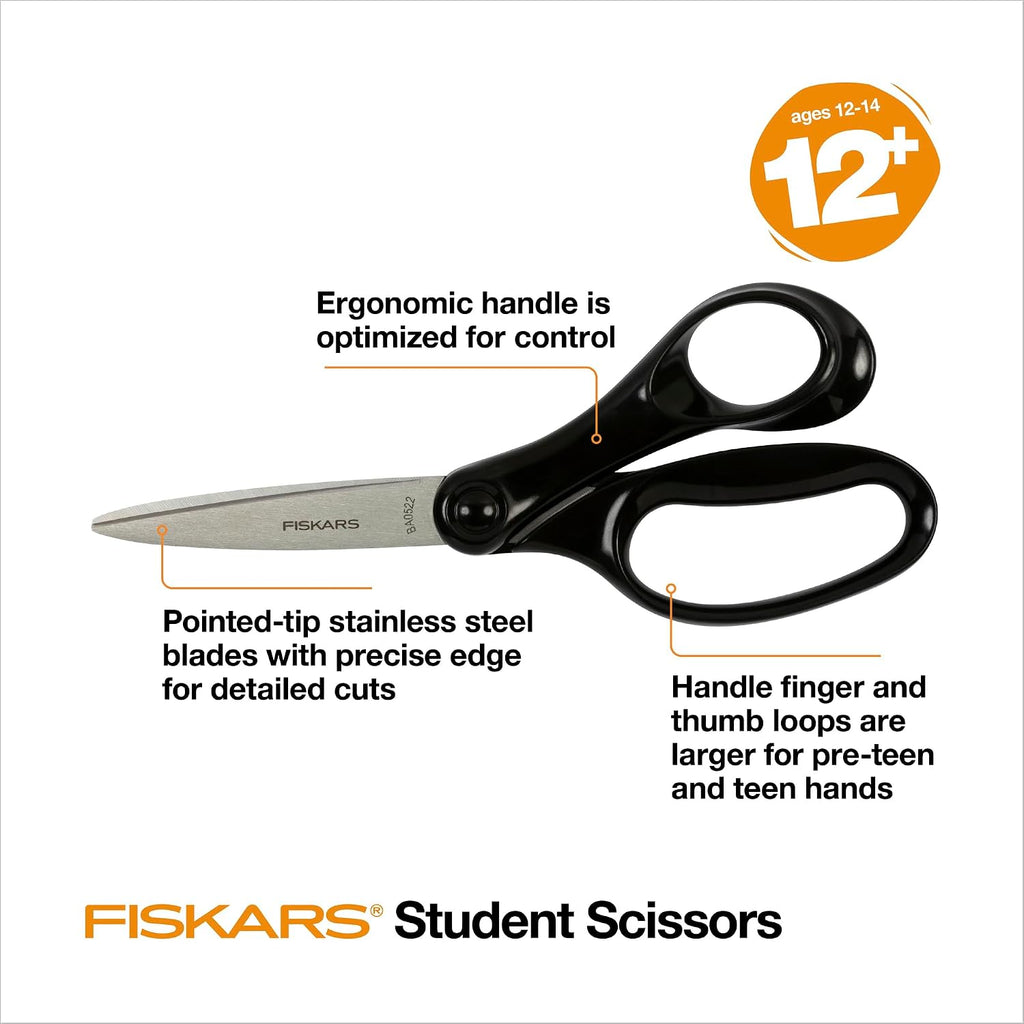 Fiskars 7" Student Scissors for Kids Ages 12-14, School & Crafting, Black