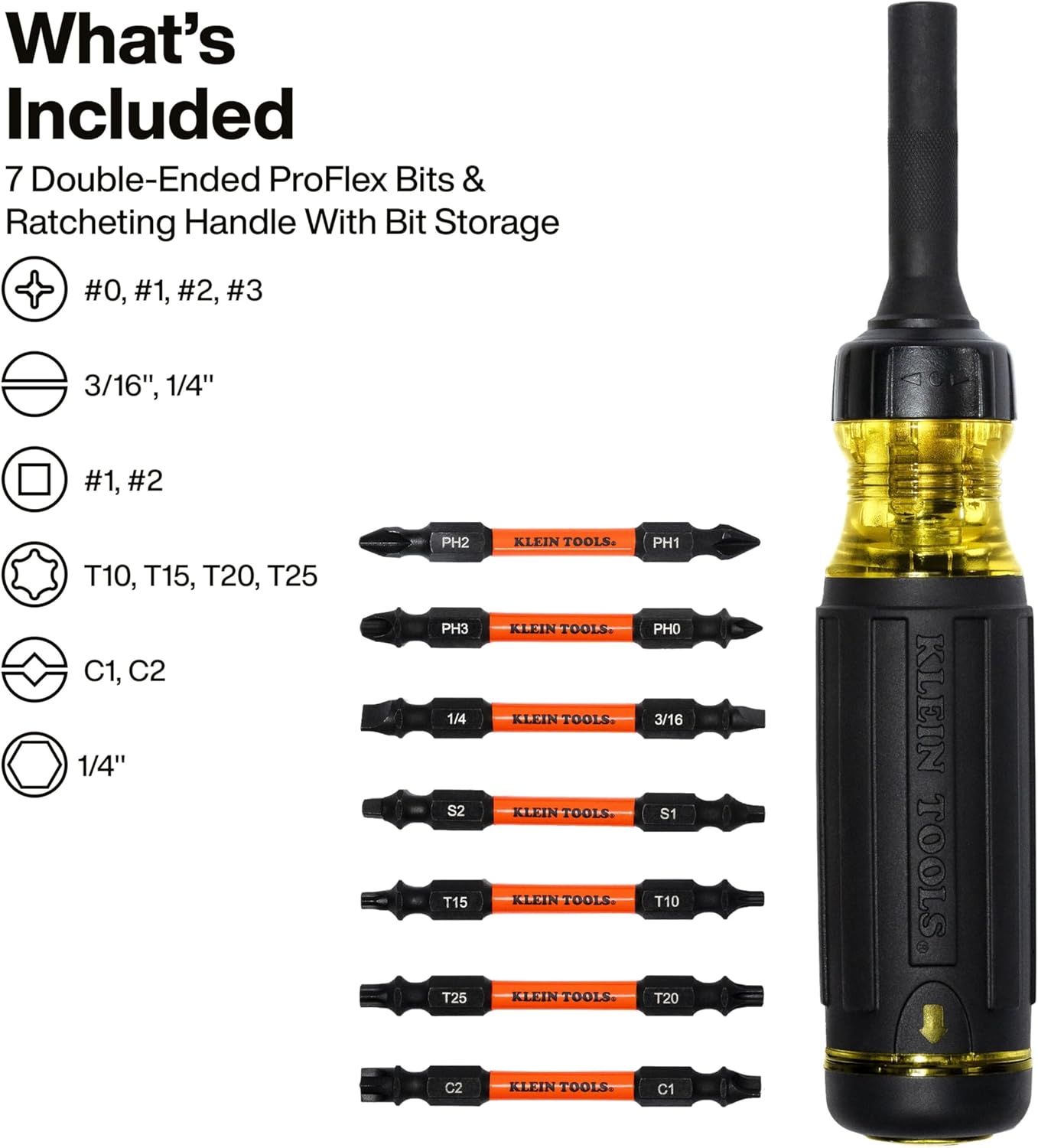 Klein Tools 32315HD 15-in-1 Multi-Bit Ratcheting Screwdriver, Impact-Rated, 7 Double-Ended ProFlex Torsion Zone Tips, 1/4-Inch Nut Driver, 8-Piece