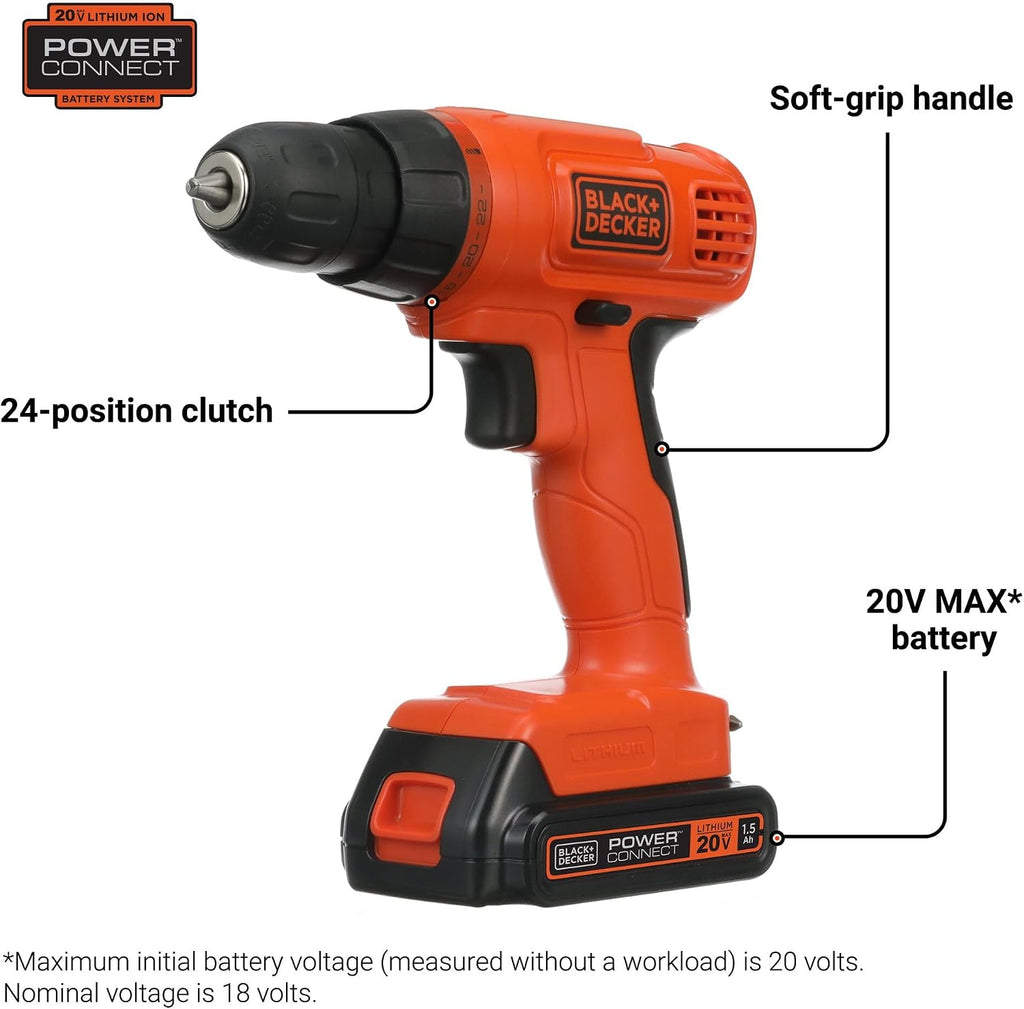 BLACK+DECKER 20V MAX* POWERCONNECT Cordless Drill Driver Kit with Drill Bit Set and Sockets, 100 pc. Tool Kit for Home, Battery and Charger Included, Orange (BDC120VA100)