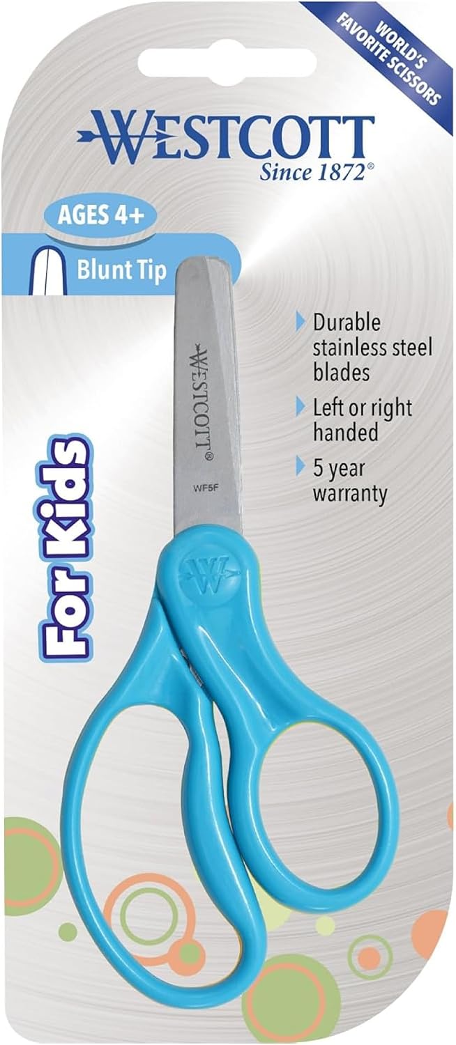 Westcott 15968 Right- and Left-Handed Scissors, Classic Kids' Scissors, Back to School, Classroom Supplies, Ages 4-8, 5-Inch Blunt Tip, Neon Blue