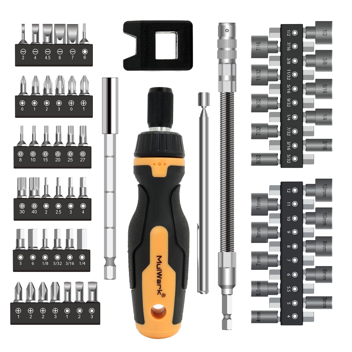 MULWARK Screwdriver Bit Set & Socket Kit, 77-Pieces Ratcheting Screwdriver Set with Case, 77 in 1 Multi Bit Screw Driver for Home DIY, Electronics, Car Emergency and Garage