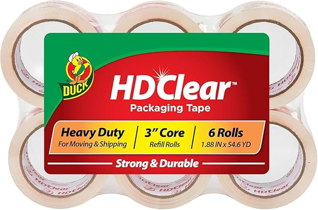 Duck HD Clear Packing Tape Refills - 6 Rolls of Heavy Duty Shipping and Moving Packing Tape - Clear Strong Packaging Tape for Boxes, Packing and Moving Supplies - 1.88 In. x 54.6 Yards (441962)