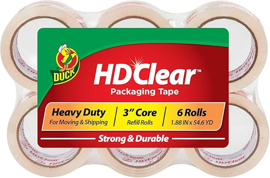Duck HD Clear Packing Tape Refills - 6 Rolls of Heavy Duty Shipping and Moving Packing Tape - Clear Strong Packaging Tape for Boxes, Packing and Moving Supplies - 1.88 In. x 54.6 Yards (441962)