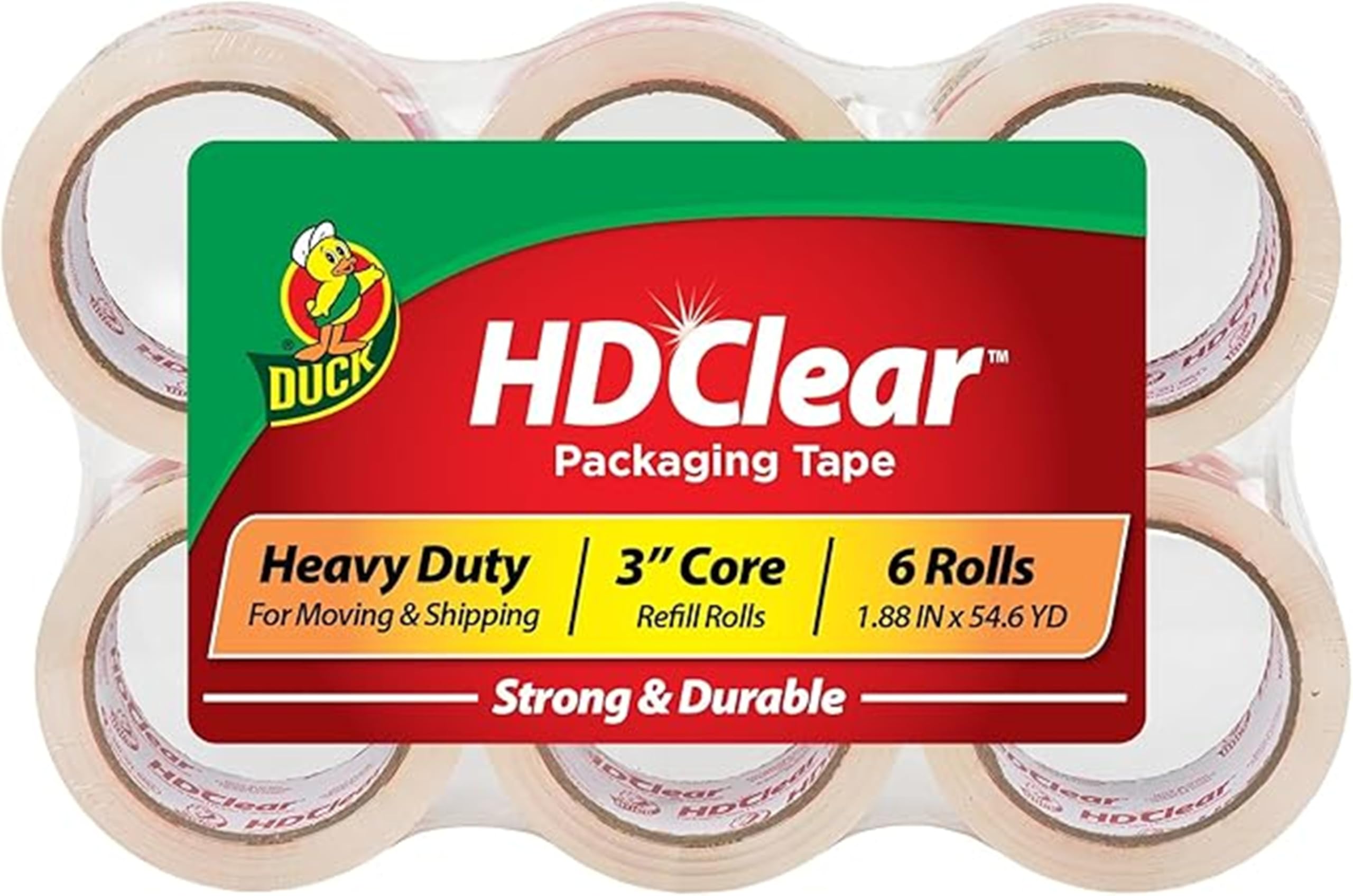 Duck HD Clear Packing Tape Refills - 6 Rolls of Heavy Duty Shipping and Moving Packing Tape - Clear Strong Packaging Tape for Boxes, Packing and Moving Supplies - 1.88 In. x 54.6 Yards (441962)