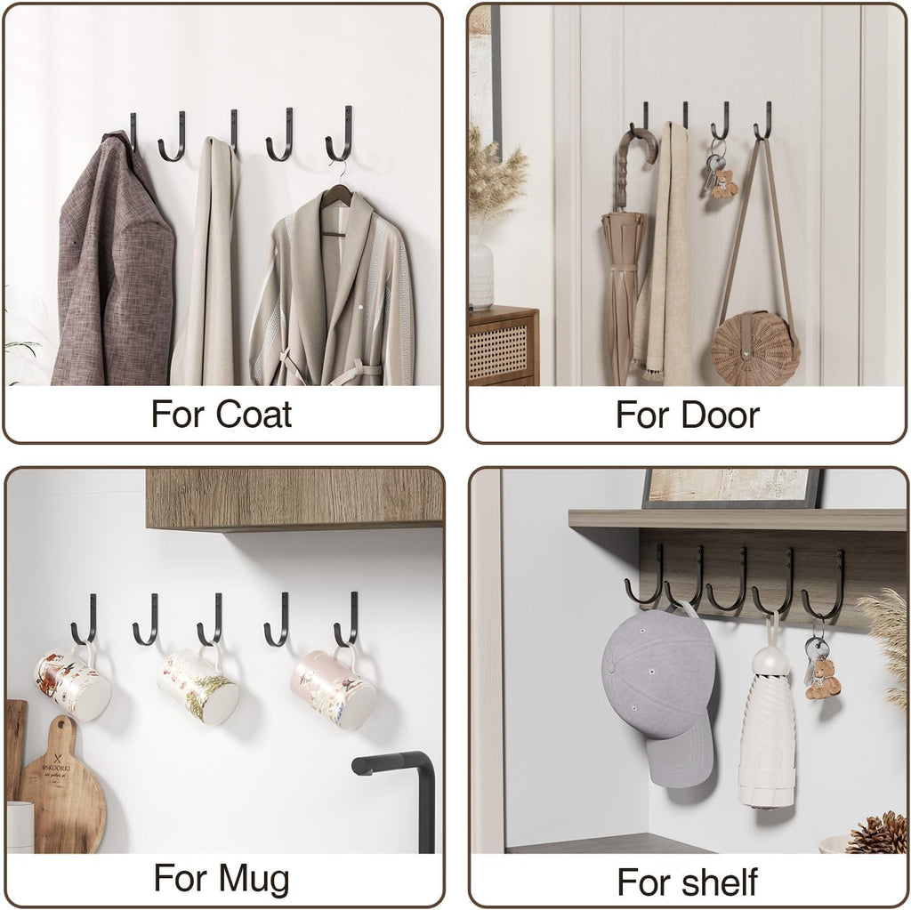 22LB Wall Hooks for Hanging Towel/Coat, Black 5 Pack