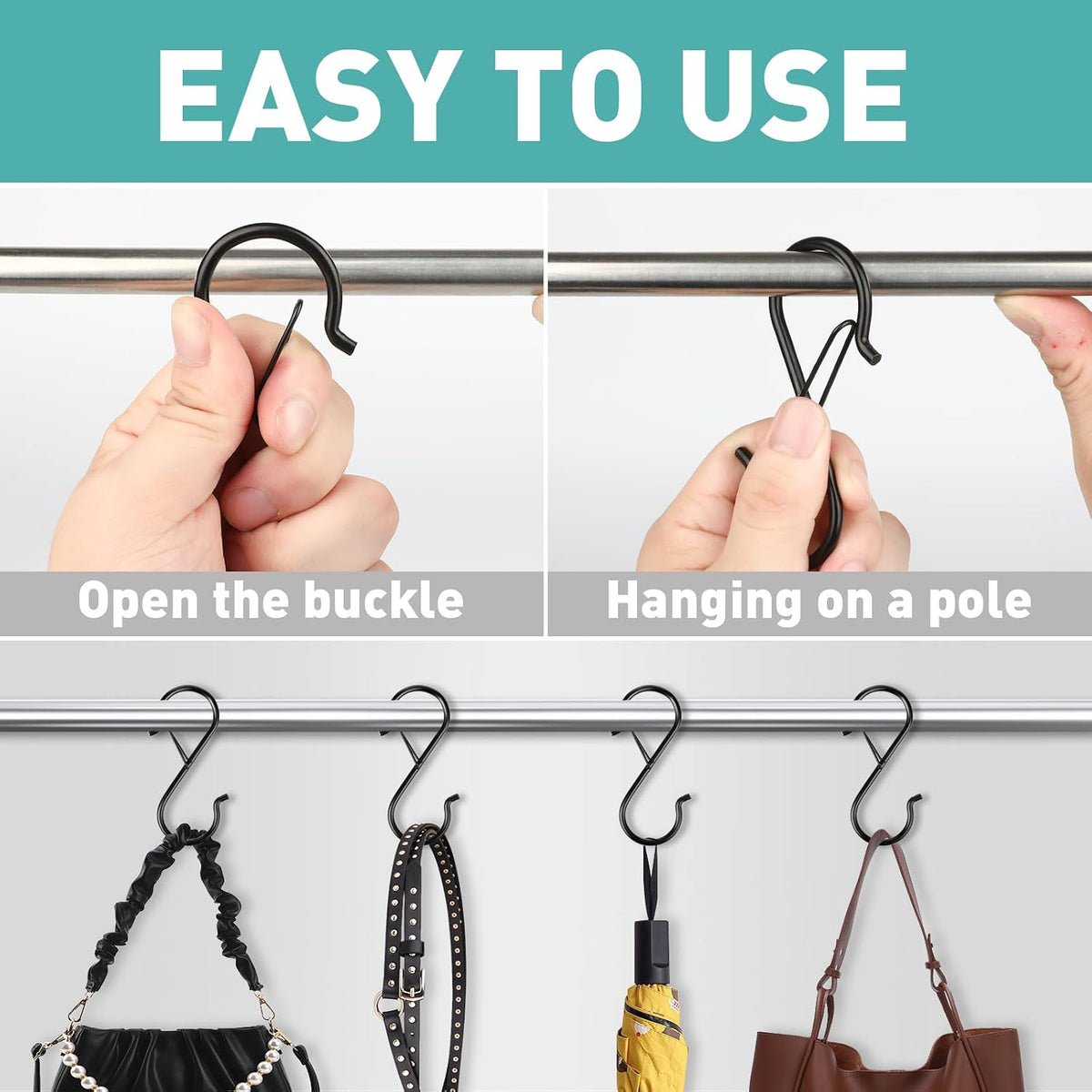 12 Pcs S Hooks for Hanging Heavy Duty, Metal S Hook with Safety Buckle