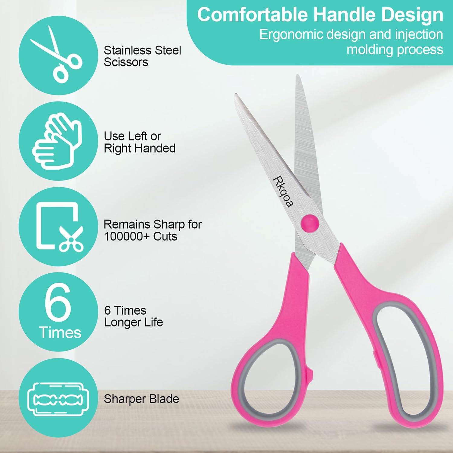 Black 6 Scissors Pack, Rkqoa 8" All Purpose Sharp Scissor for Everyday Use