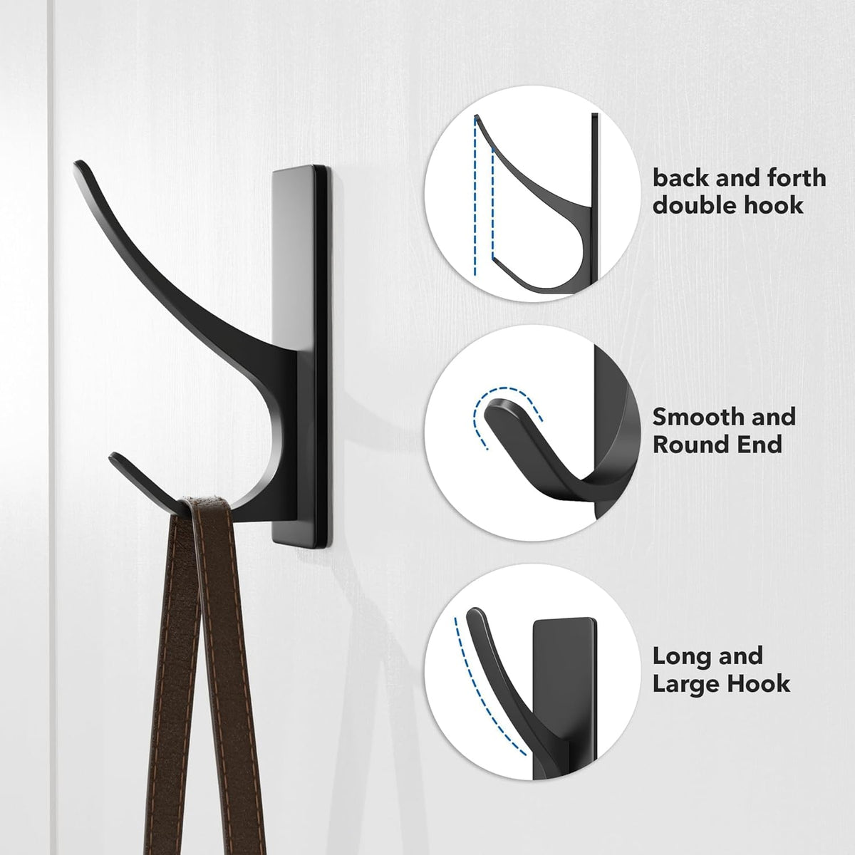 pickpiff Matt Black Self-Adhesive Hook, 13LB Hanger for Coat/Towel, 4-Pack