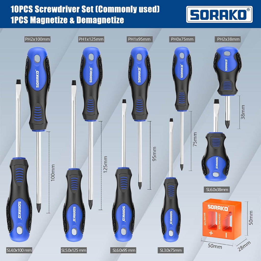 SORAKO 12 Piece Magnetic Screwdriver Set 5 Phillips and 5 Flat 1 Magnetising Tool 1 Storage Bag Professional Cushion Grip Hand Tools Set for Fastening and Loosening Seized