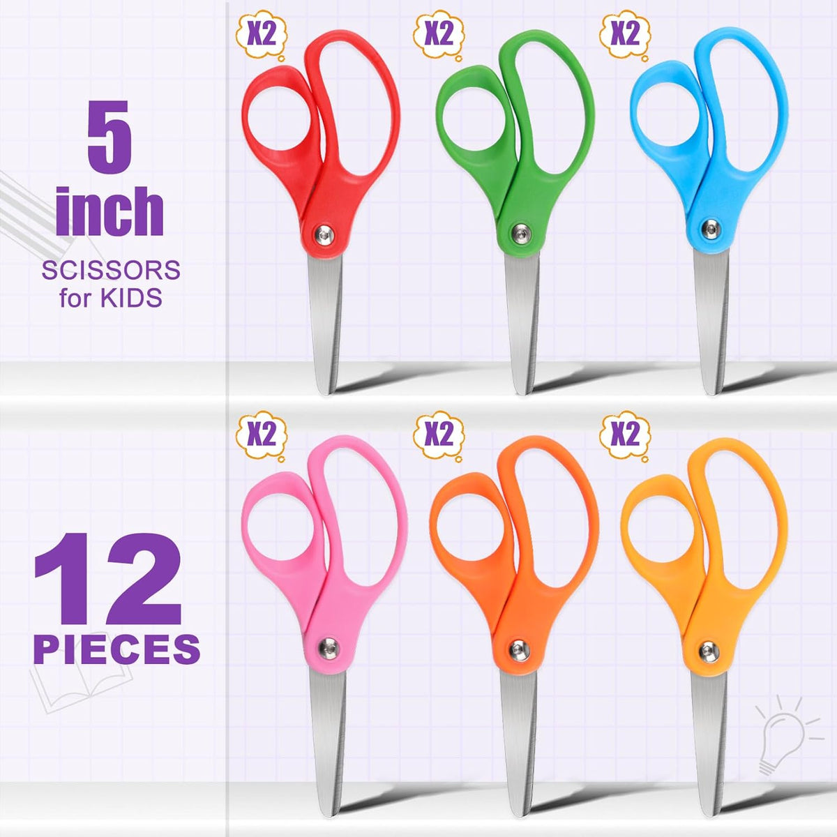 BURVAGY 12 Pack 5" Kids Scissors Safety Children Small Scissors for School
