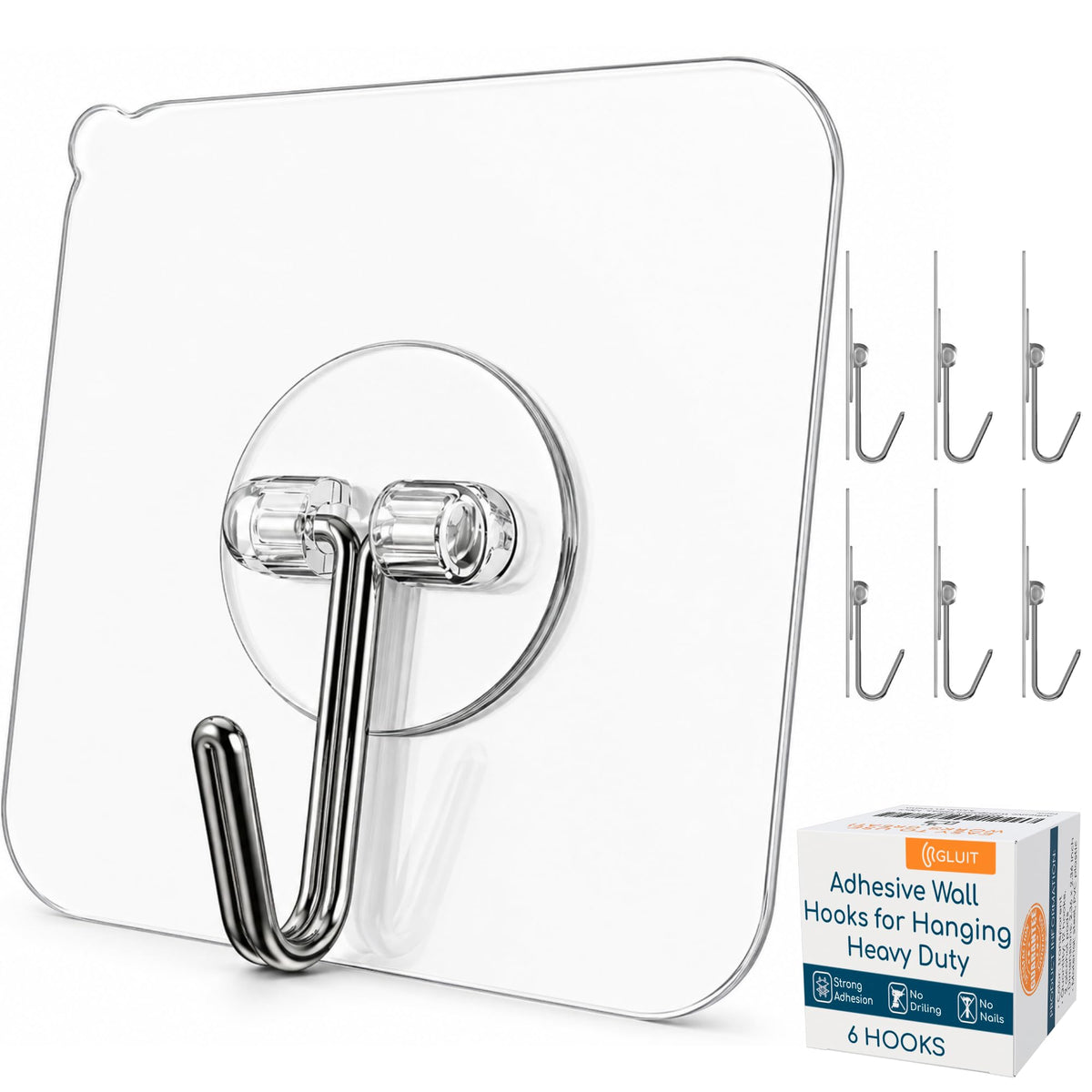 GLUIT Adhesive Wall Hooks for Hanging Heavy Duty No Drill, 22 lbs, 12 pcs