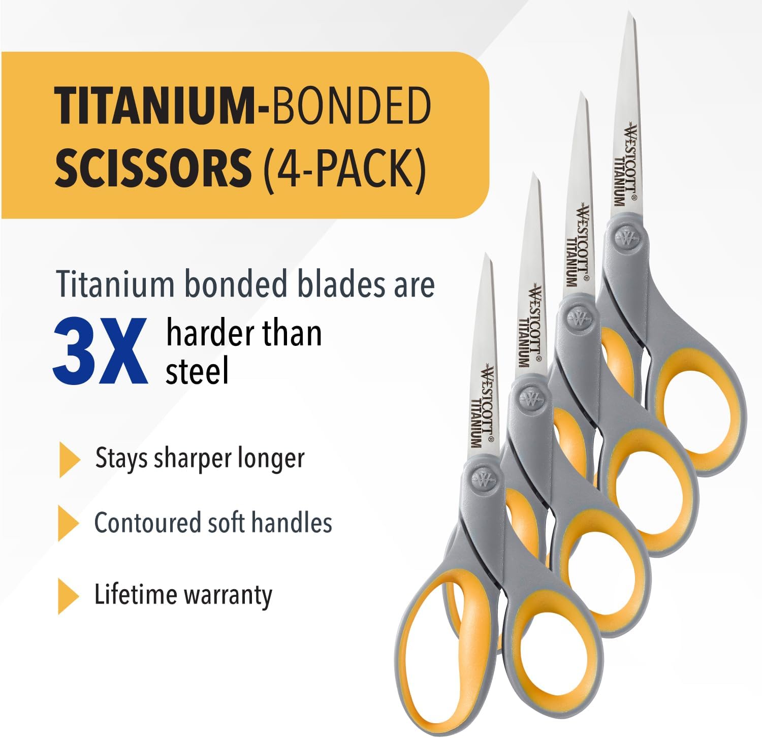 Westcott 8-Inch Titanium Bonded Scissors for Home, Office, and Classroom - Perfect for Cutting Paper, Sewing, and Crafts - Heavy-Duty Design with Soft Handle - Gray/Yellow - 4-Pack