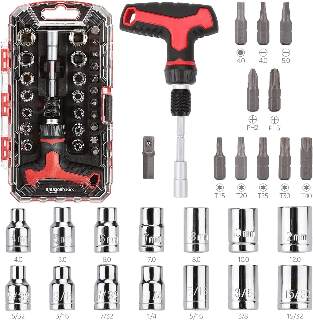 Amazon Basics Magnetic Ratcheting Wrench and Electronics Precision Screwdriver Tool Set, 73-Piece, with Carry Case for Household Repair, Small Jobs, Eyeglasses, Black/Red/Silver