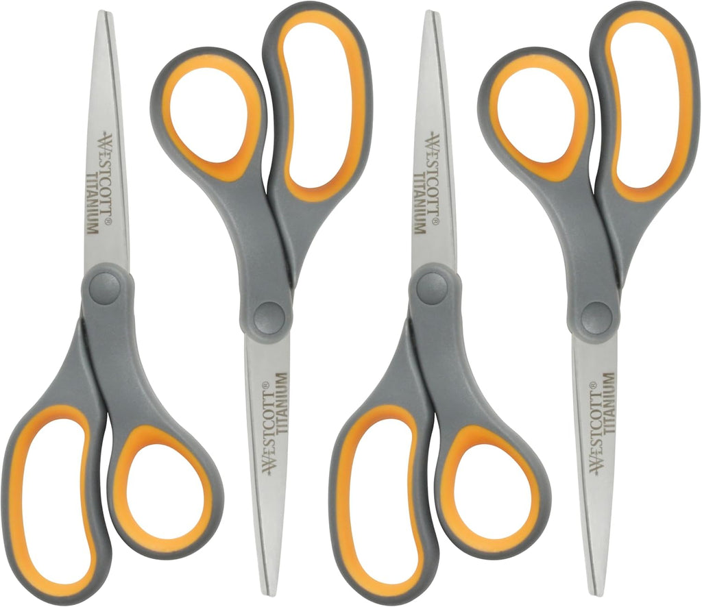 Westcott 8-Inch Titanium Bonded Straight Scissors, Soft Handle, Gray/Yellow, 4-Pack