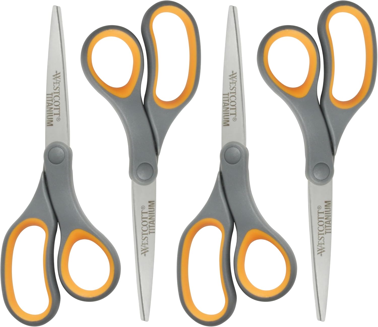Westcott 8-Inch Titanium Bonded Straight Scissors, Soft Handle, Gray/Yellow, 4-Pack