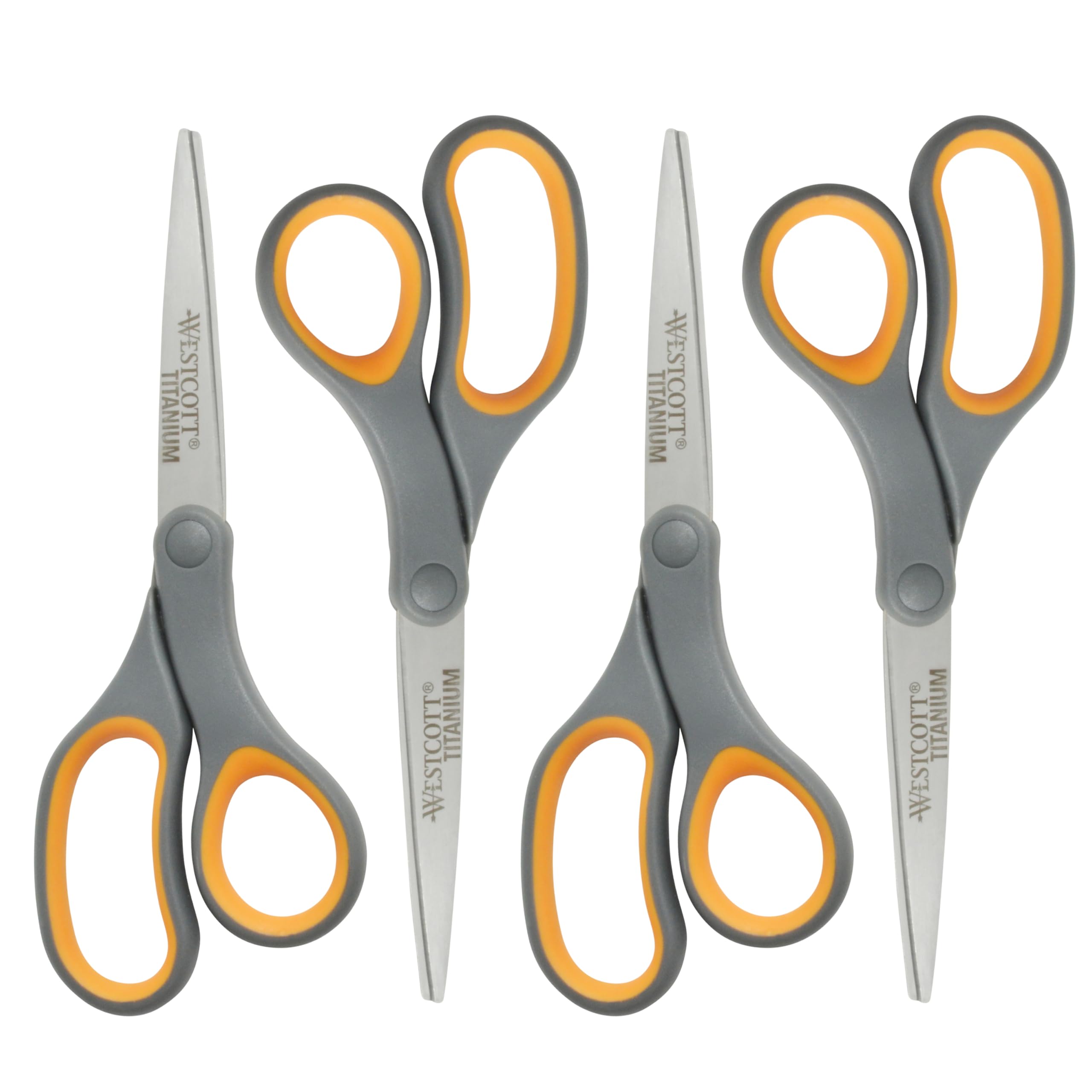 Westcott 8-Inch Titanium Bonded Straight Scissors, Soft Handle, Gray/Yellow, 4-Pack