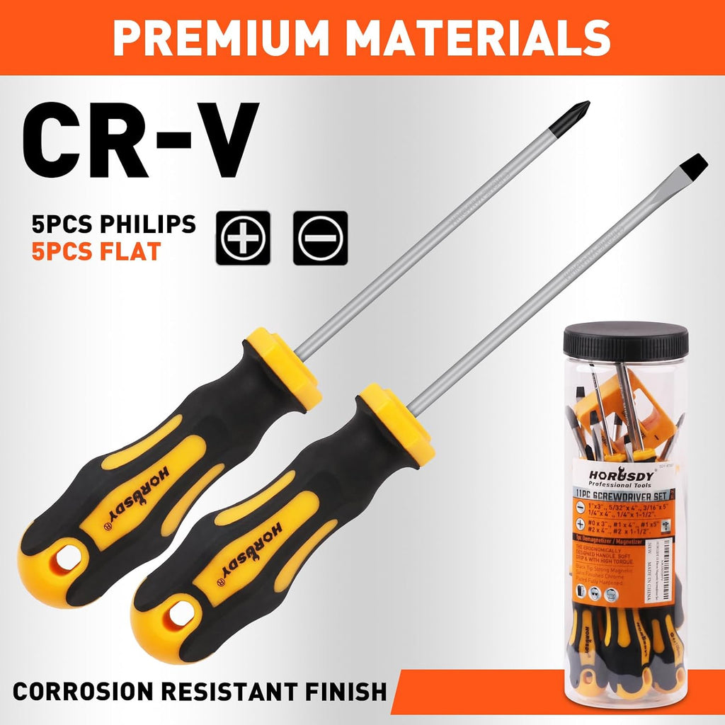HORUSDY 11-Pieces Magnetic Screw driver, Magnetic 5 Phillips and 5 Flat Head Tips for Fastening and Loosening Seized
