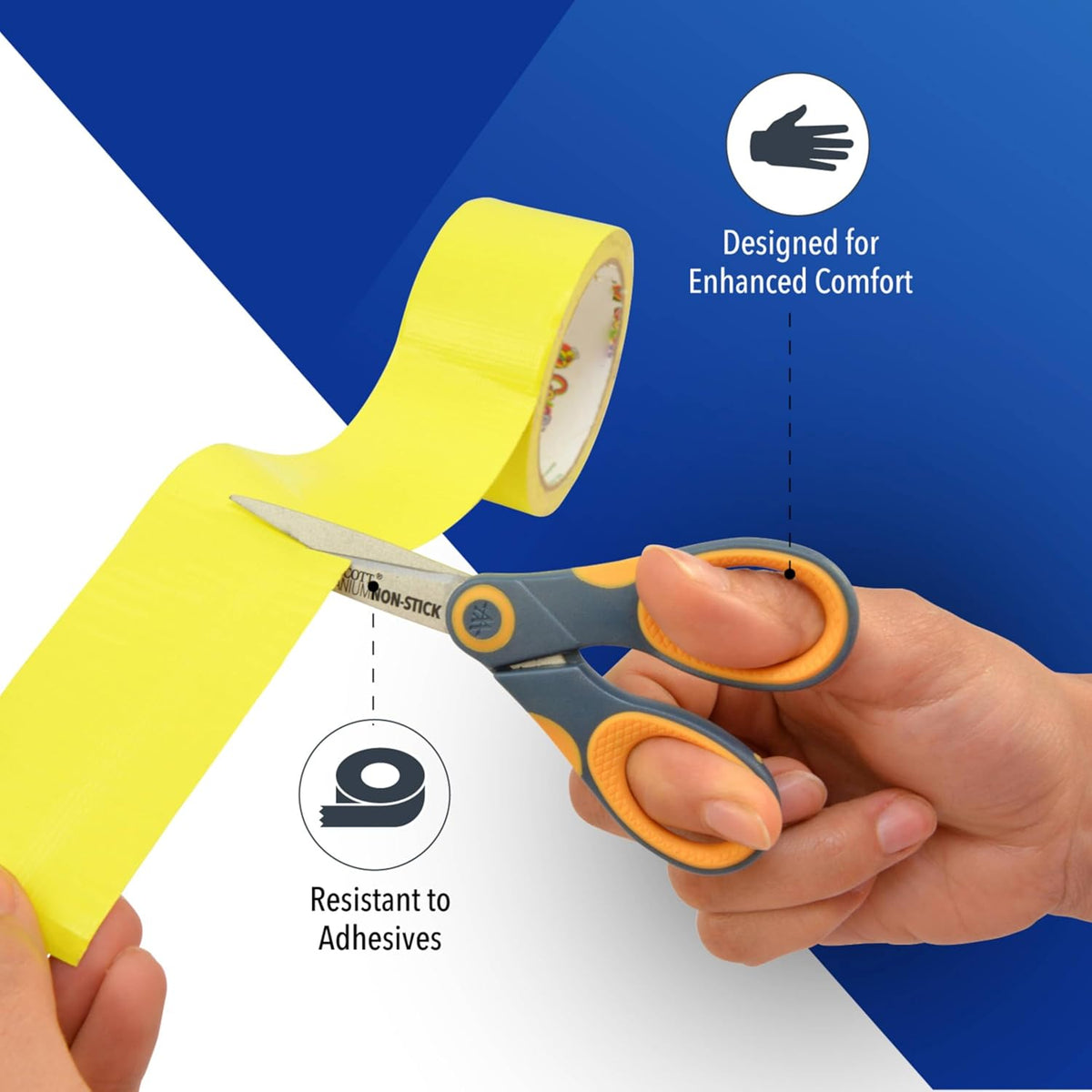 Westcott 5-Inch Non-Stick Titanium Scissors For Office and Home - Glide Adjust Technology - Grey/Yellow Craft, Fabric Scissors - 1 Pack