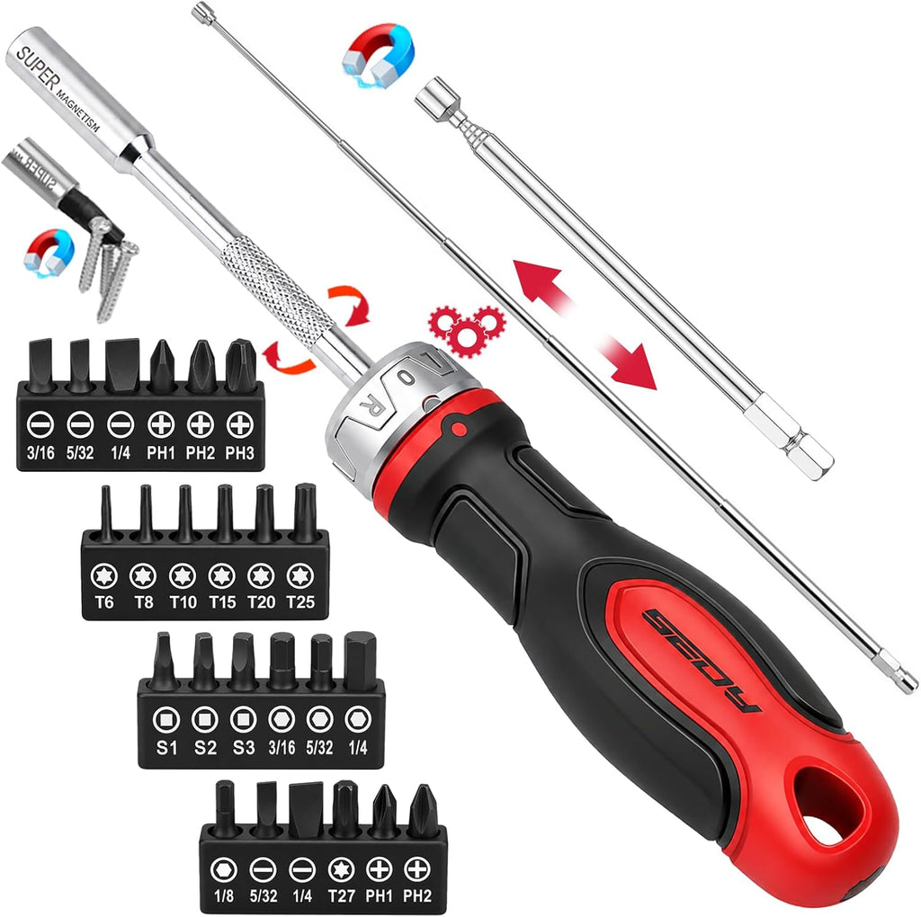 26-Piece Ratcheting Screwdriver Bit Set with 1/4" Magnetic Ratchet Driver, S2 Steel Bits, Telescopic Magnetic Extension Rod, Torx Phillips Slotted & Hex Bits Kit for Home Repair, Garage and DIY