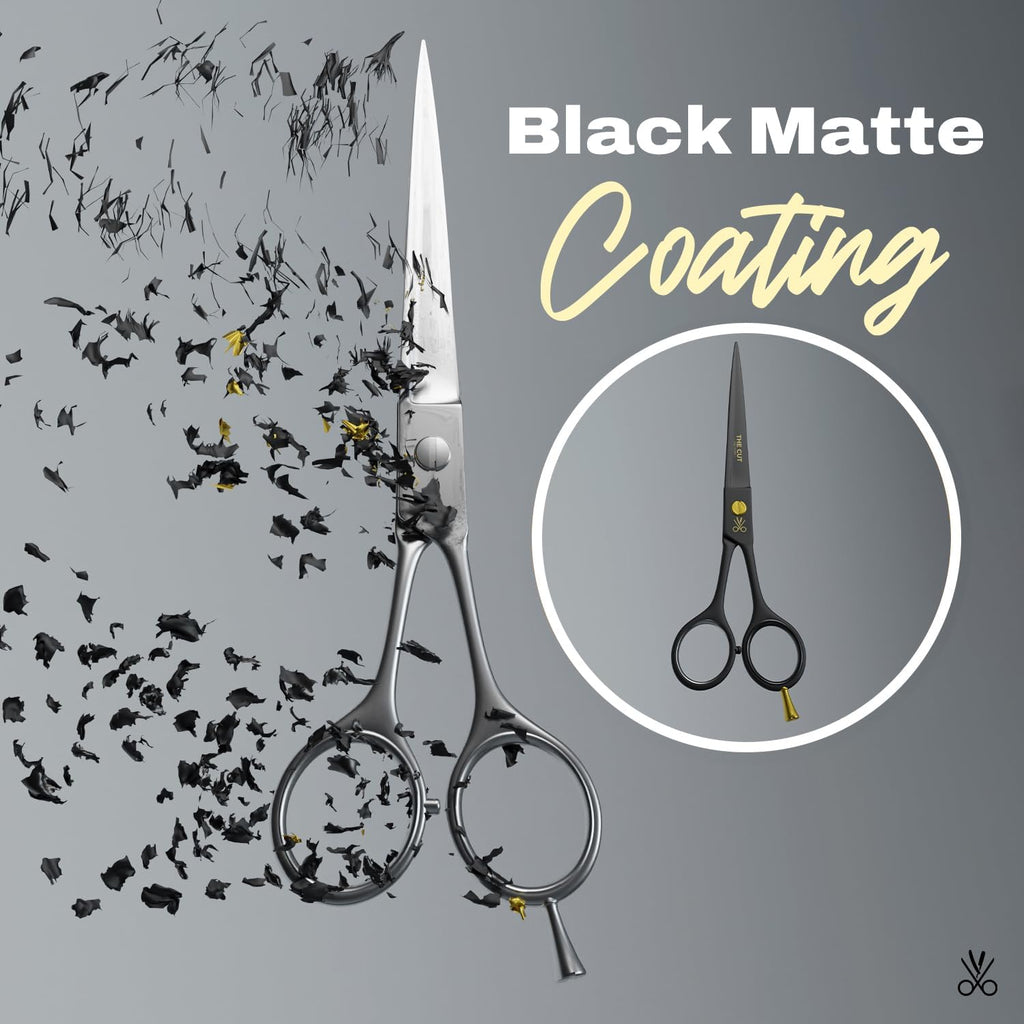 The Cut Factory® Hair Scissors & Hair Cutting Scissors - 6.5” Matte Black Professional Barber Shears with Micro-Serrated Blade, Gift Box & Leather Pouch