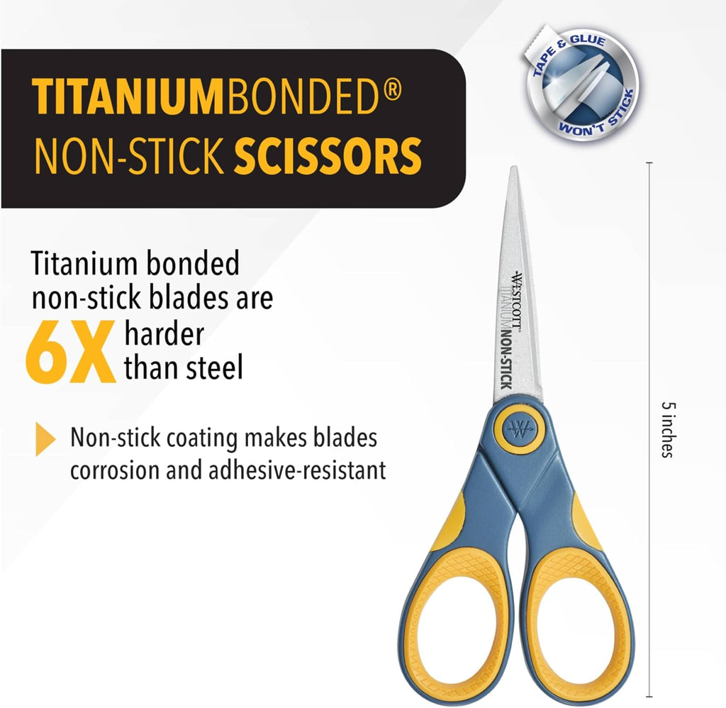 Westcott 5-Inch Non-Stick Titanium Scissors For Office and Home - Glide Adjust Technology - Grey/Yellow Craft, Fabric Scissors - 1 Pack