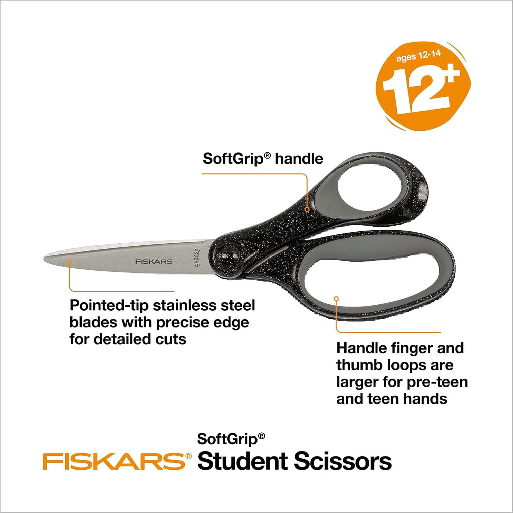 Fiskars 7" SoftGrip Student Glitter Scissors for Kids 12+, Black Glitter