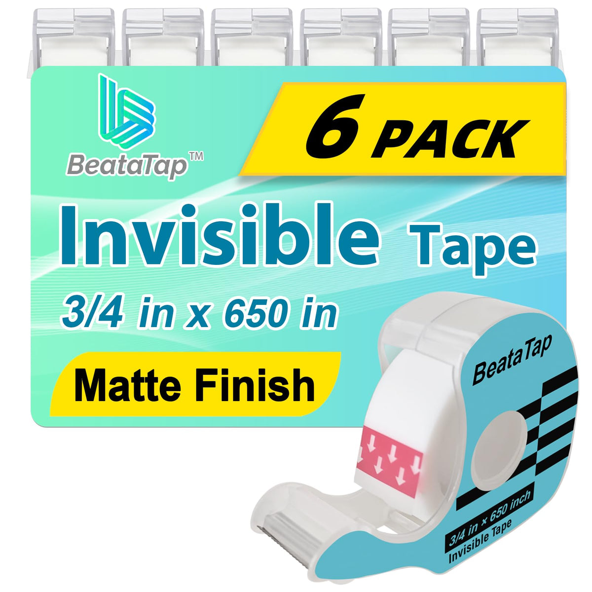 Tape, Invisible Tape for Gift Wrapping, 6 Rolls+6 Refillable Dispensers, Matte Finish, Writable, 3/4″x 650″, Clear Tapes for Christmas Wrapping Paper, Office&School Supplies