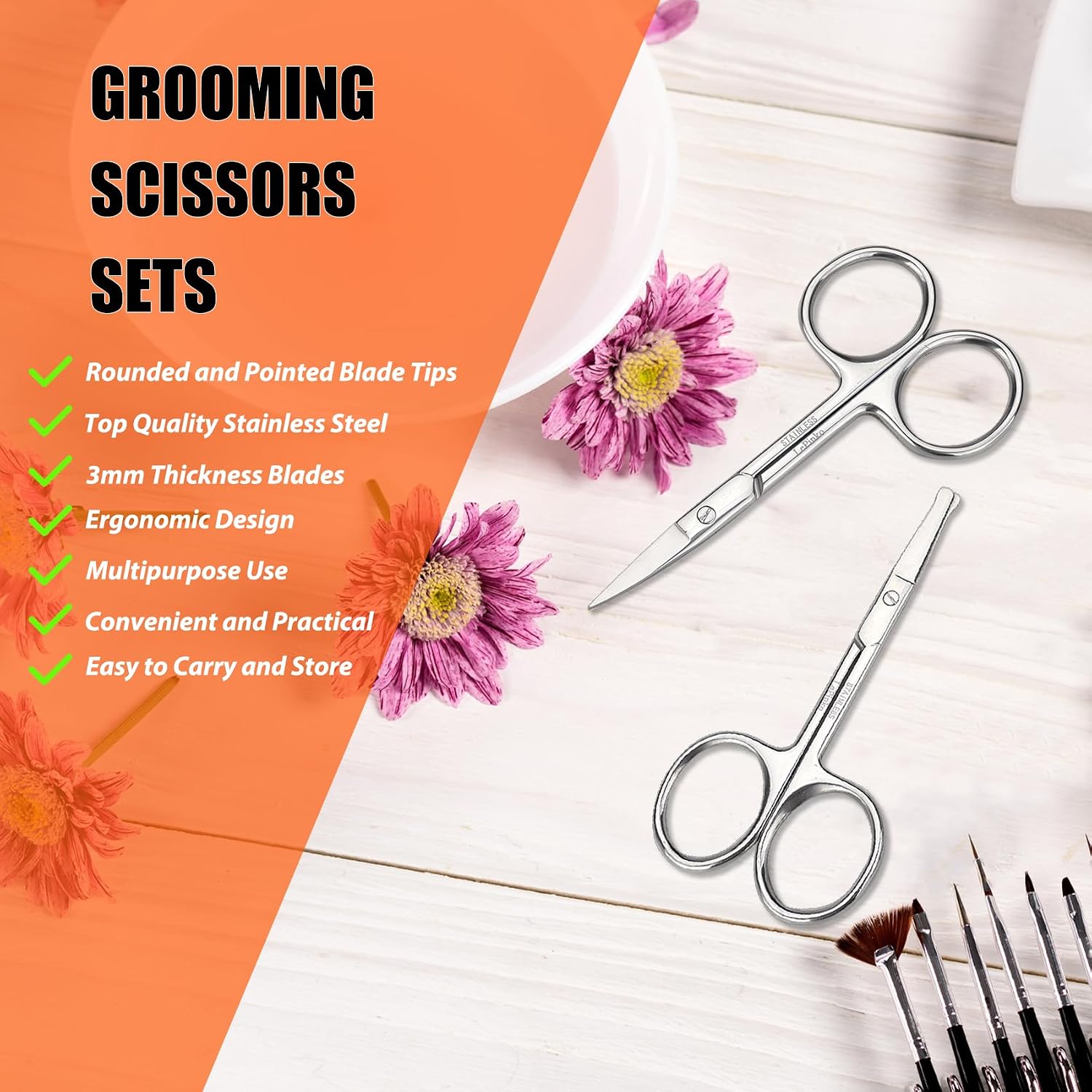 LePinko Facial Hair Small Grooming Scissors For Men Women, 2PCS Silver