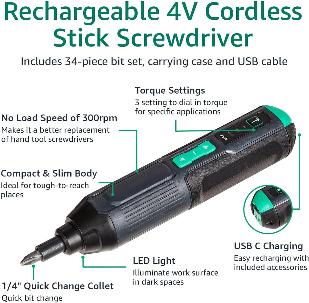 Amazon Basics by SKIL 4V Rechargeable Cordless Stick Screwdriver with 34-Piece Bit Set, Carrying Case, USB-C Charging, LED Work Light, 3 Torque Settings, Portable