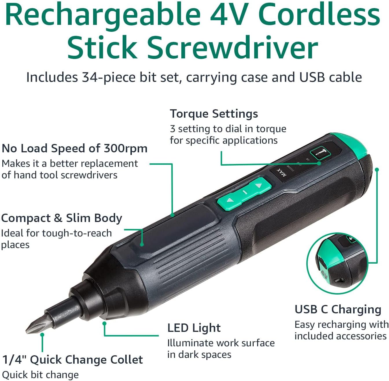 Amazon Basics by SKIL 4V Rechargeable Cordless Stick Screwdriver with 34-Piece Bit Set, Carrying Case, USB-C Charging, LED Work Light, 3 Torque Settings, Portable