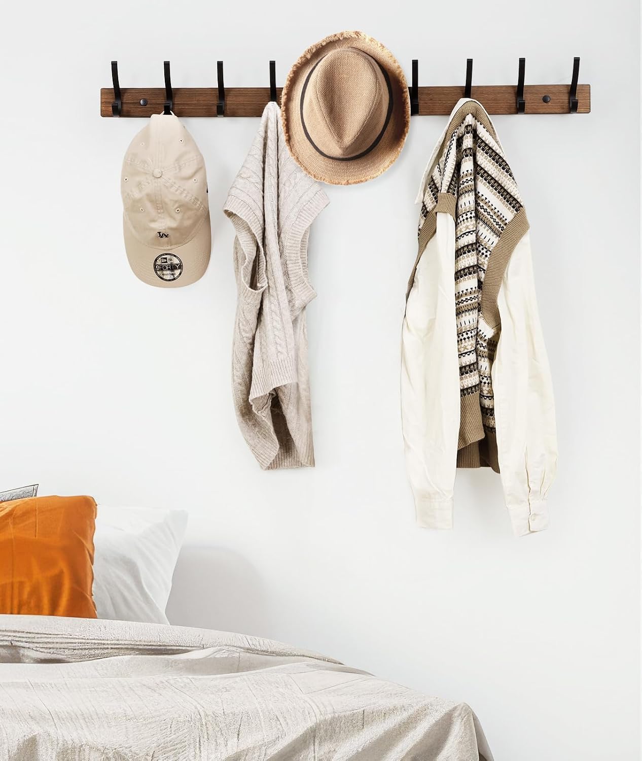 Optish Coat Rack Wall Mount, 16.5 Inches Wood Coat Hooks, Wall Hooks for Hanging, Hat Rack Bag Hanger Key Holder for Wall, Purse Hanger Towel Racks for Bathroom (1Pack, Brown)