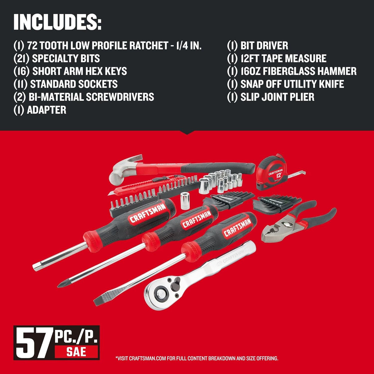 CRAFTSMAN 57 Piece Mechanics Tool Set Home Tool Set, Sockets, Ratchet, Screwdrivers, Hammer, Pliers, Hex Keys, Specialty Bits Hand Tools (CMMT99447)
