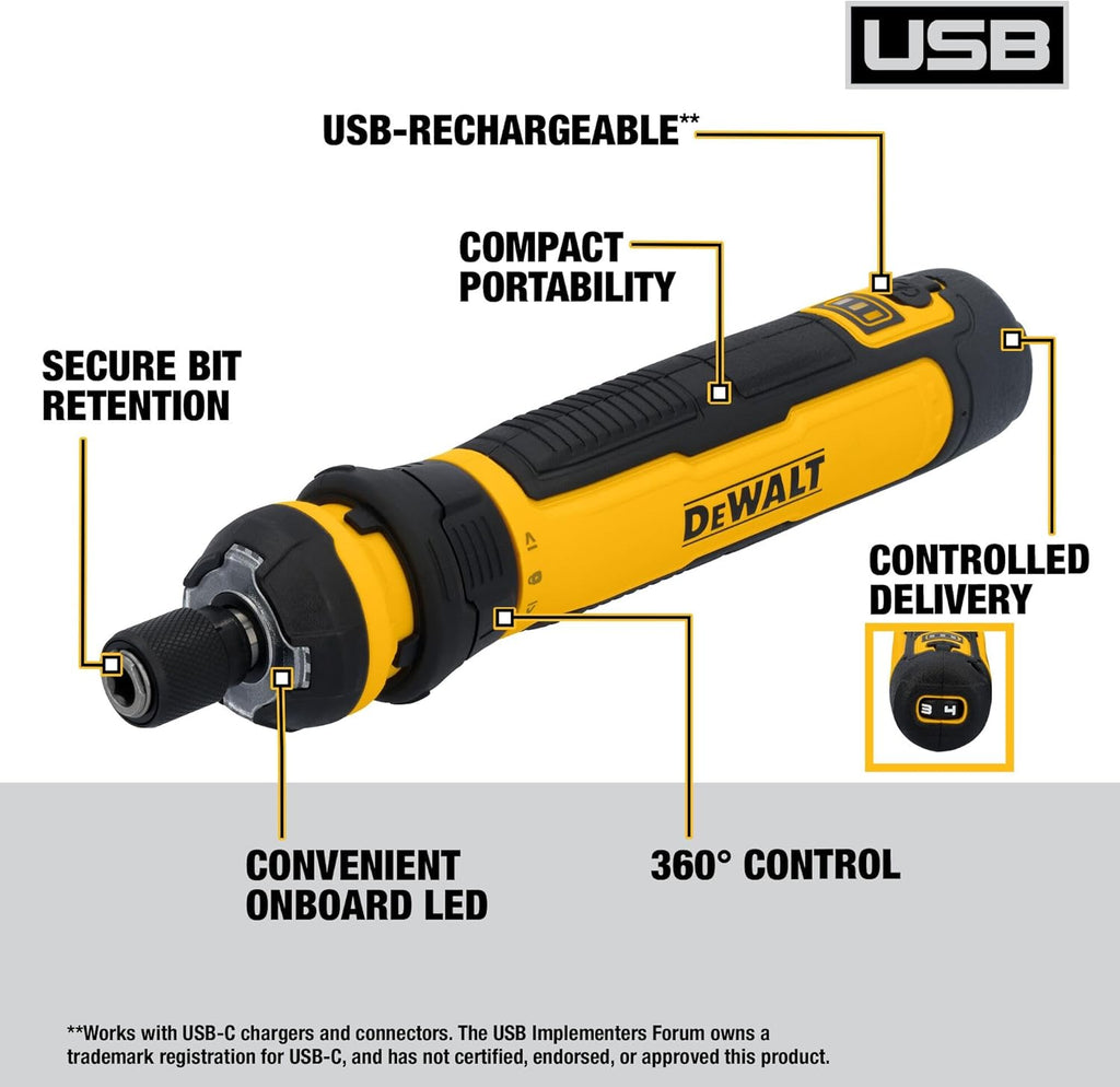 DEWALT Cordless Screwdriver, 4V USB Rechargeable Electric Screwdriver with 12 pcs Screwdriver Bit Set, LED Light, FLEXDRIVE Control, Compact, Ergonomic (DWHT66719)