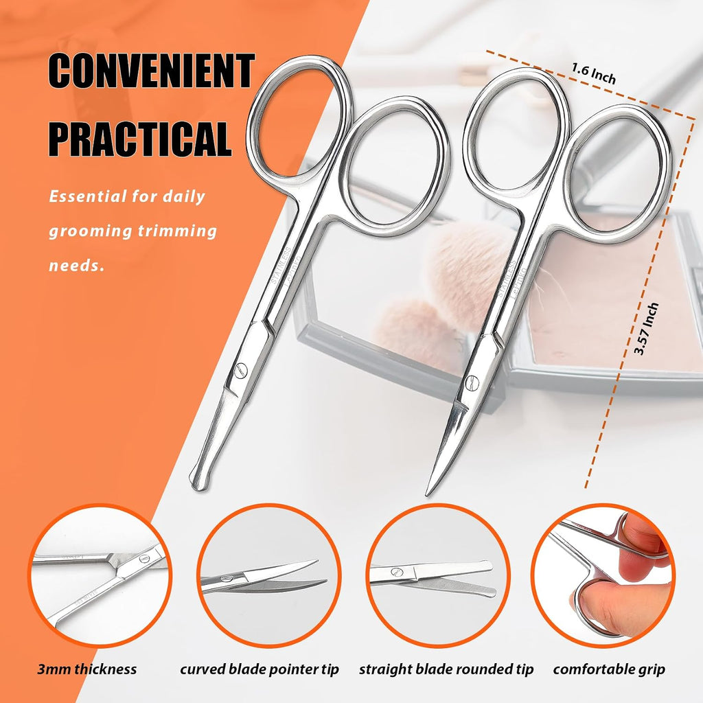 LePinko Facial Hair Small Grooming Scissors For Men Women, 2PCS Silver