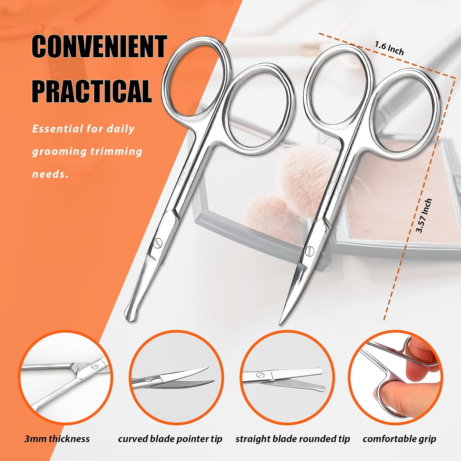 LePinko Facial Hair Small Grooming Scissors For Men Women, 2PCS Silver