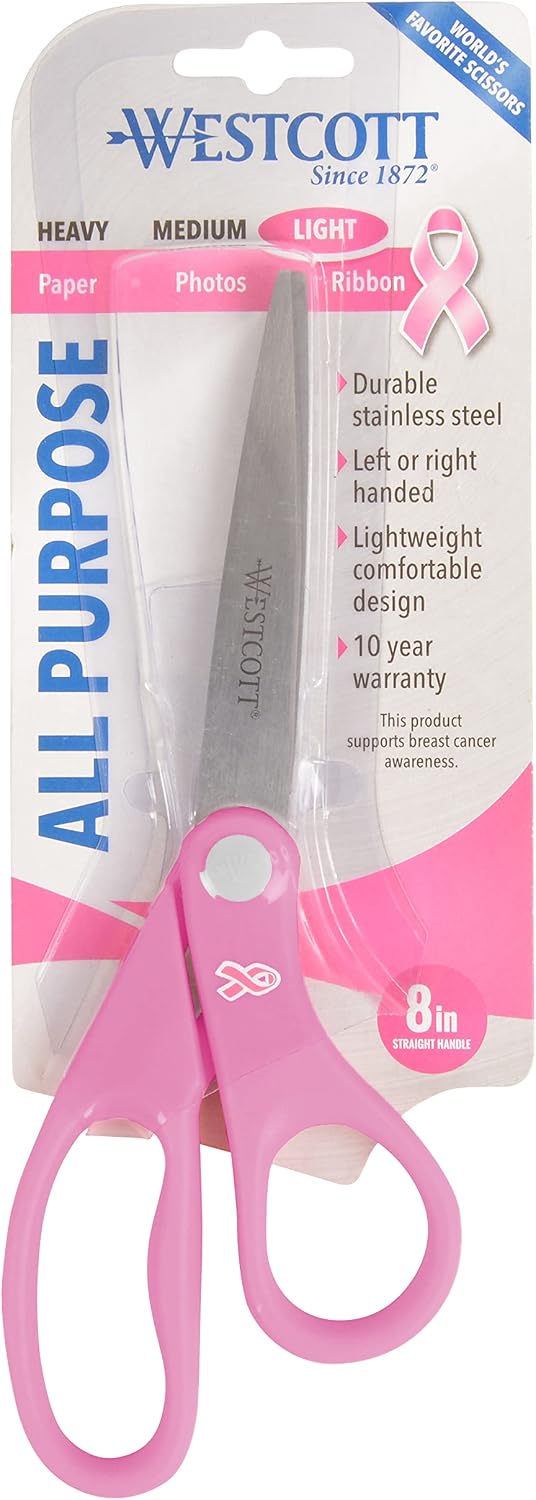Westcott 15387 8-Inch Pink Ribbon Stainless Steel Scissors For Office and Home