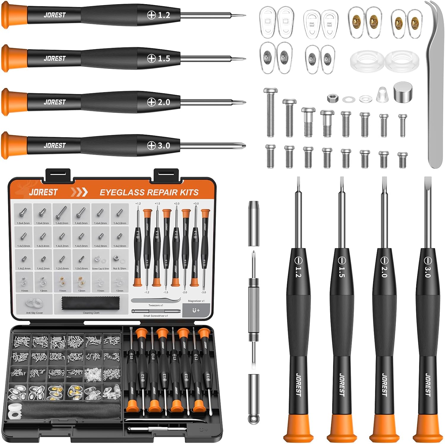 JOREST Eyeglass Repair Kit, Sunglasses/Glasses Repairing Tool including Small Screws, Nose Pads and Screwdrivers, Eyeglass Fixing Kit; Christmas gift for people who wear glasses(Men/Women Him/Her)