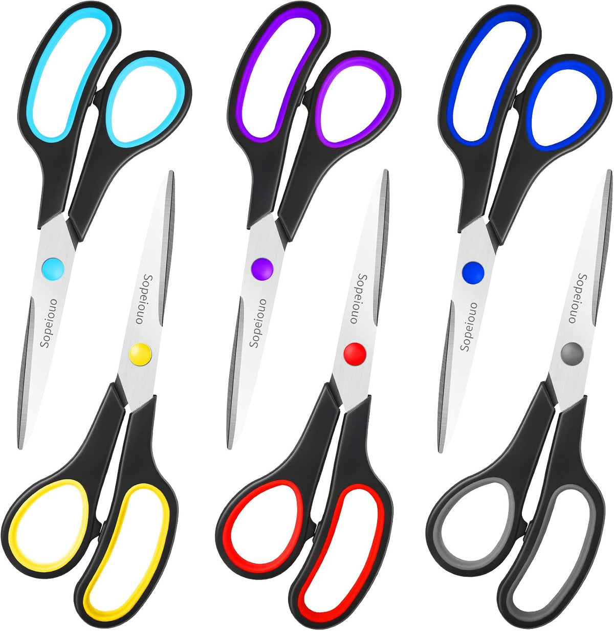 6 Pcs 8” Scissors, Sharp Stainless Steel Comfort Grip for Everyday Use