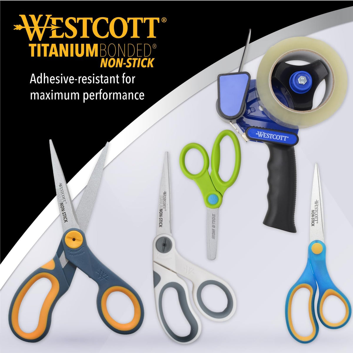 Westcott 8-Inch Non-Stick Titanium Scissors For Office and Home - Glide Adjust Technology - Grey/Yellow Craft, Fabric Scissors - 6 Pack