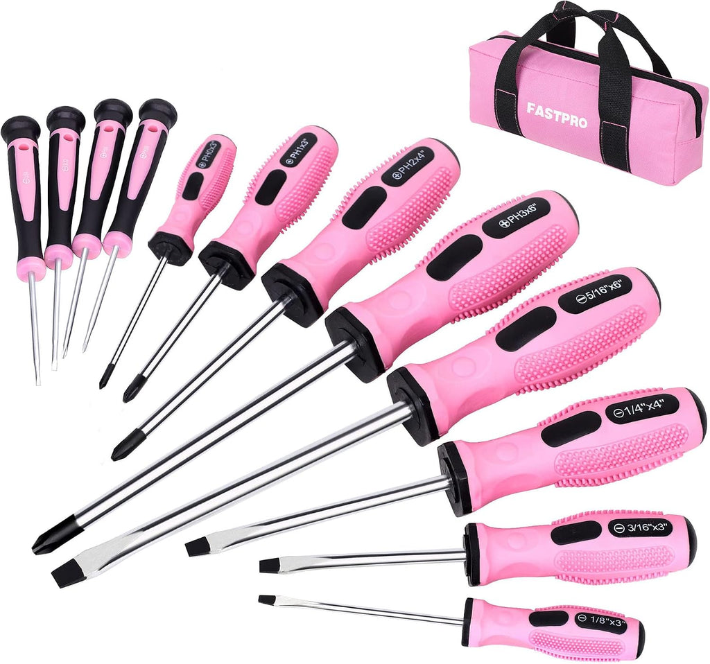 FASTPRO 12-Piece Pink Magnetic Screwdrivers Set with Storage Bag