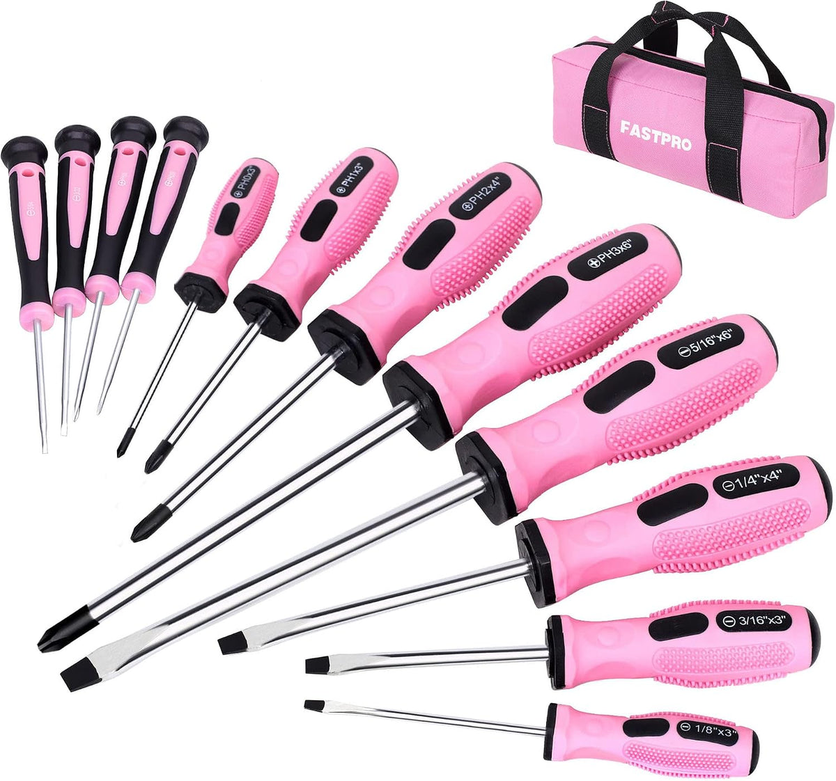 FASTPRO 12-Piece Pink Magnetic Screwdrivers Set with Storage Bag