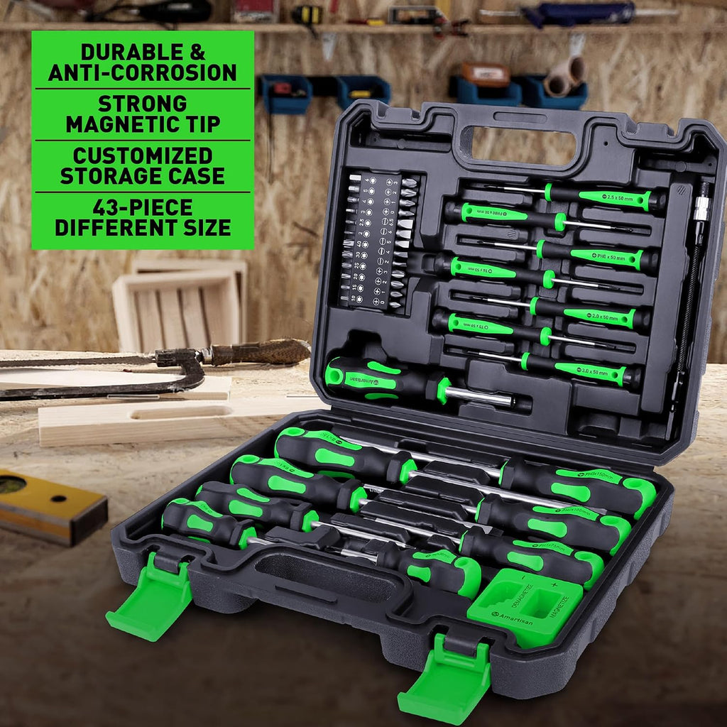 Magnetic Screwdrivers Set with Case, Amartisan 43-piece Includs Slotted, Phillips, Hex, Pozidriv,Torx and Precision Screwdriver Set, Magnetizer Demagnetizer Tools, Tools for Men (Green))
