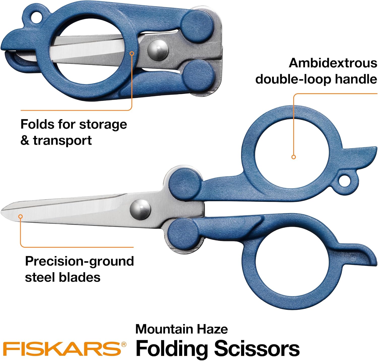 Fiskars Travel Folding Scissors, TSA-Compliant, Compact and Portable for Crafting and Quick Snips, Stainless Steel Blades, Explore Collection, Mountain Haze