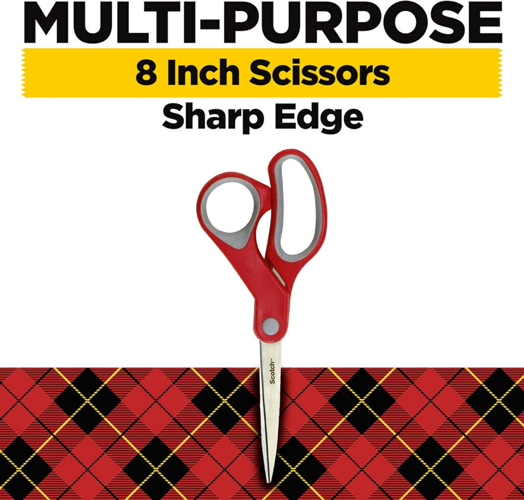 Scotch Multi-Purpose Stainless Steel Scissors, 8 Inches, Red & Gray, Great for Home, School and Office