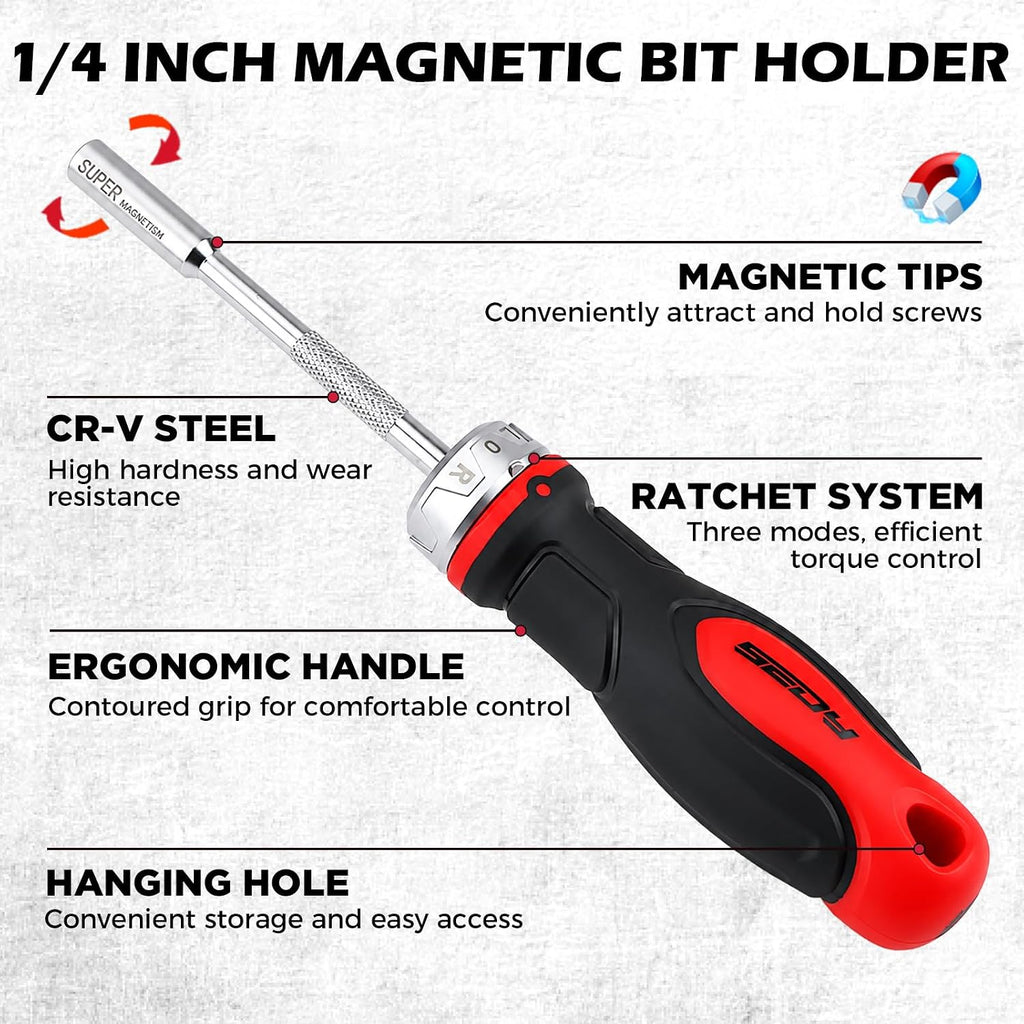 26-Piece Ratcheting Screwdriver Bit Set with 1/4" Magnetic Ratchet Driver, S2 Steel Bits, Telescopic Magnetic Extension Rod, Torx Phillips Slotted & Hex Bits Kit for Home Repair, Garage and DIY