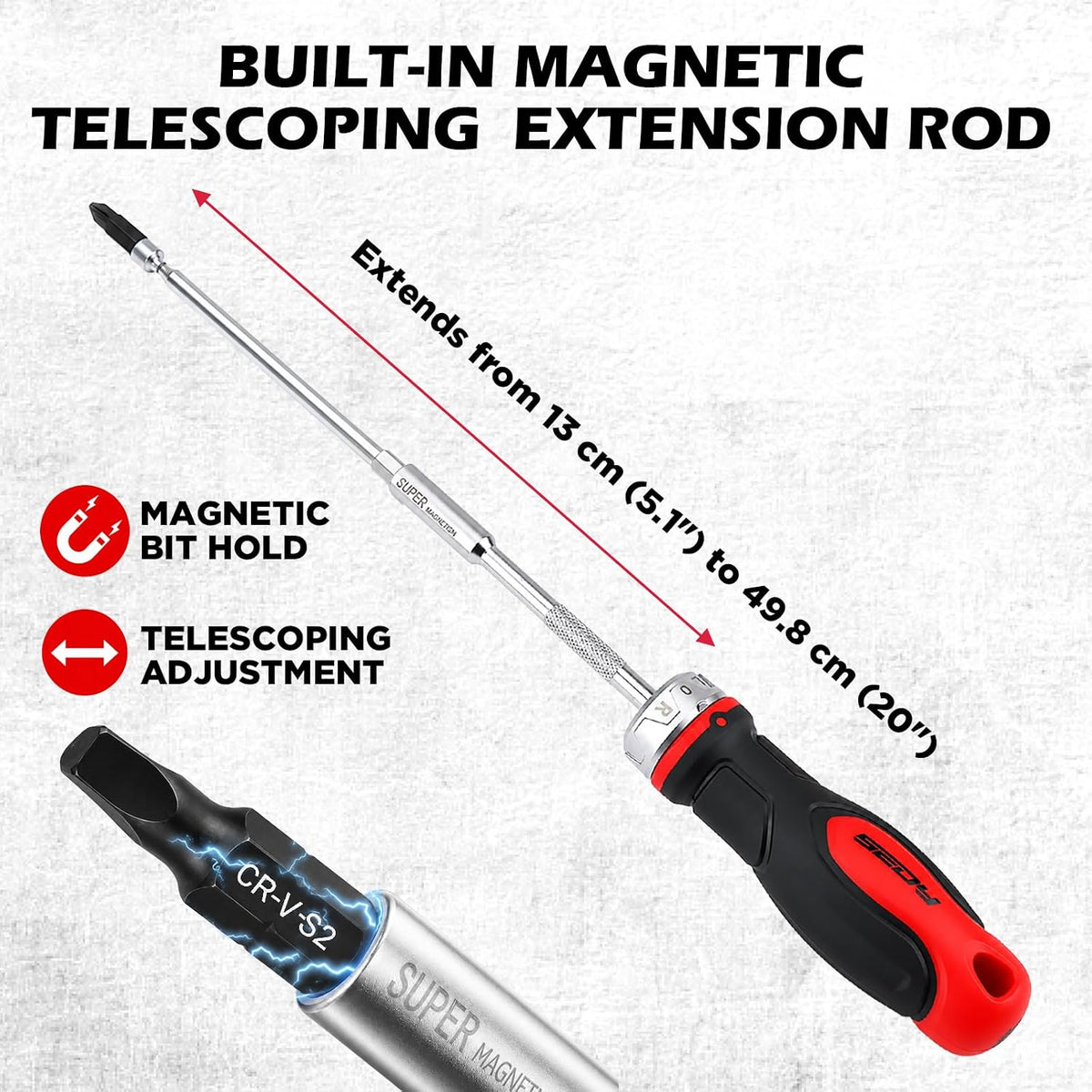 26-Piece Ratcheting Screwdriver Bit Set with 1/4" Magnetic Ratchet Driver, S2 Steel Bits, Telescopic Magnetic Extension Rod, Torx Phillips Slotted & Hex Bits Kit for Home Repair, Garage and DIY