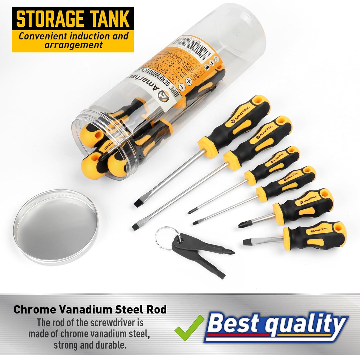 Amartisan 10-Piece Magnetic Screwdrivers Set, 5 Phillips and 5 Slotted Tips Professional Cushion Grip Screwdriver Set 2pcs Portable Multifunction Key Mini Screwdriver (Yellow)